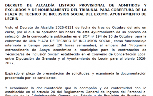 Tecnico de Inclusion admitidos